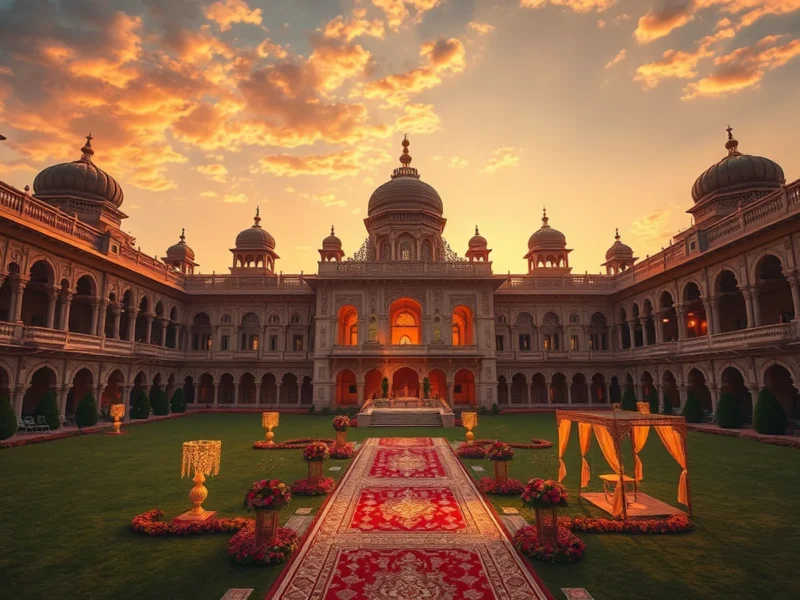 Laxmi Vilas Palace Vadodara at golden hour with a royal Indian wedding setup on the palace lawns