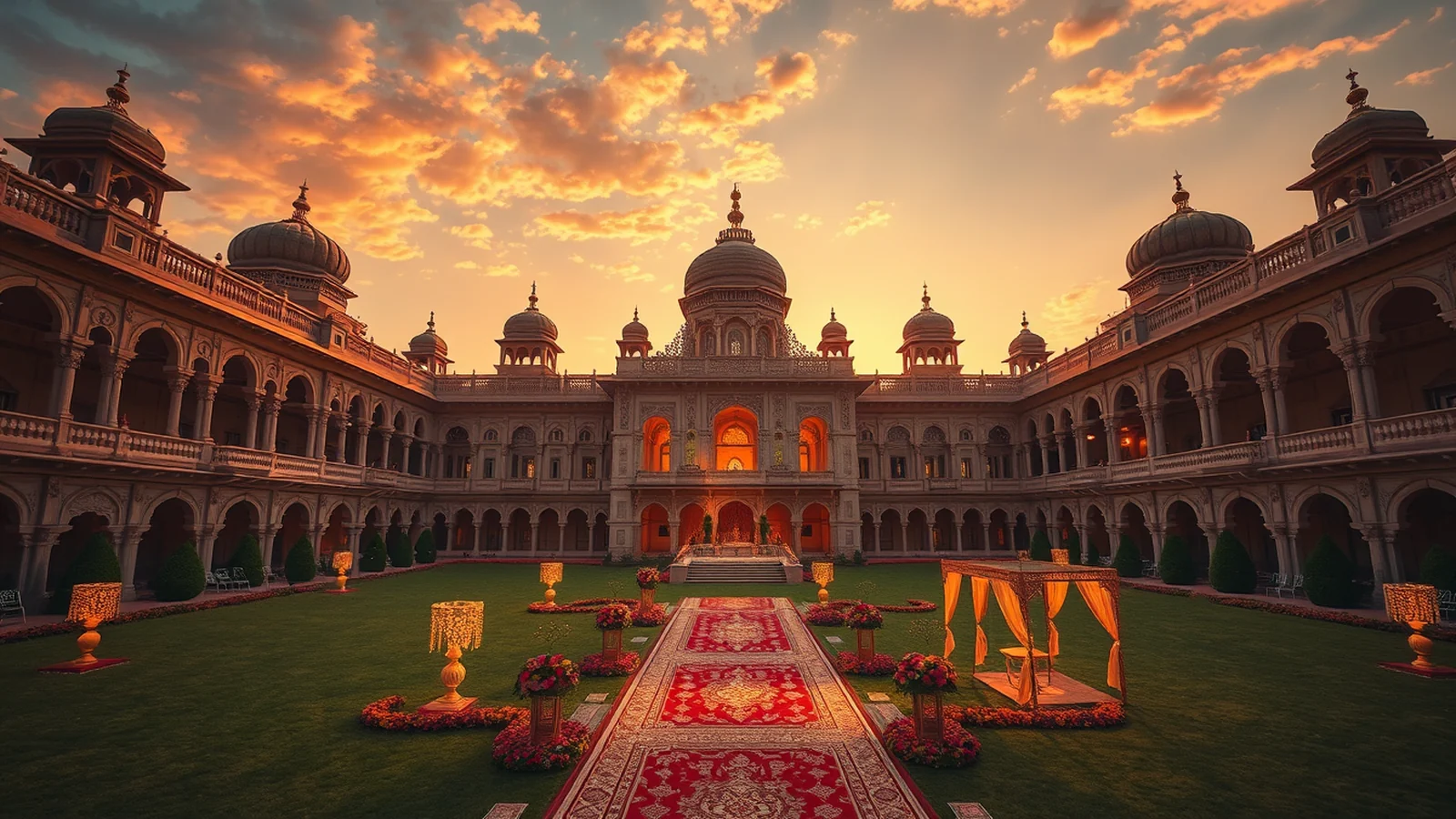 Laxmi Vilas Palace Vadodara at golden hour with a royal Indian wedding setup on the palace lawns