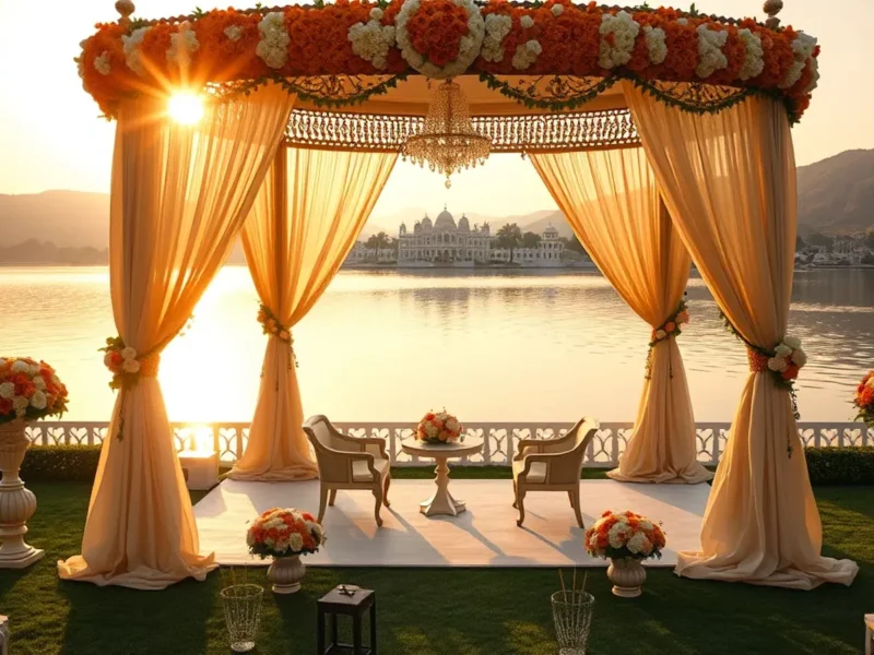 The Leela Palace Udaipur lakefront wedding mandap overlooking Lake Pichola