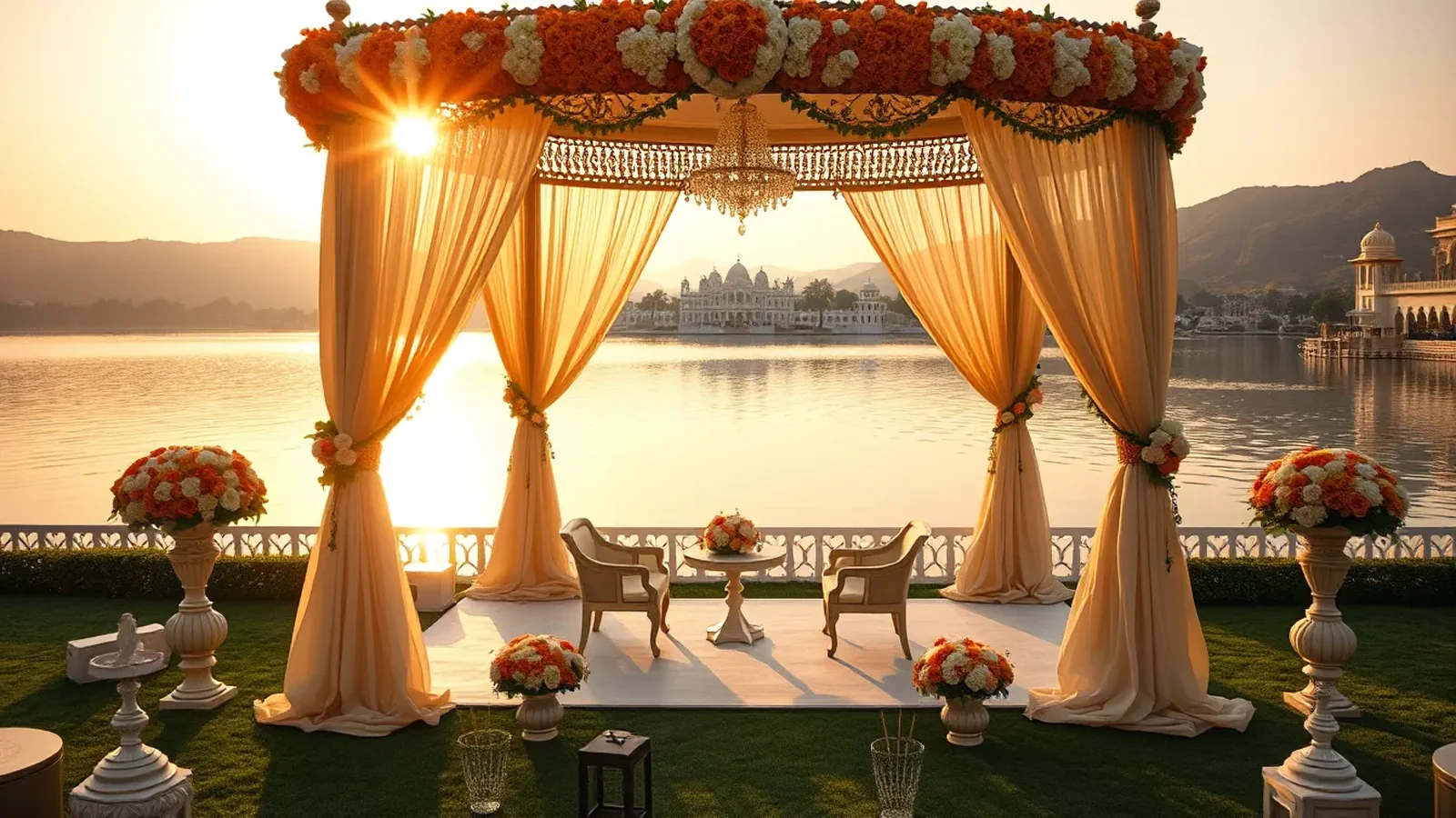 The Leela Palace Udaipur lakefront wedding mandap overlooking Lake Pichola
