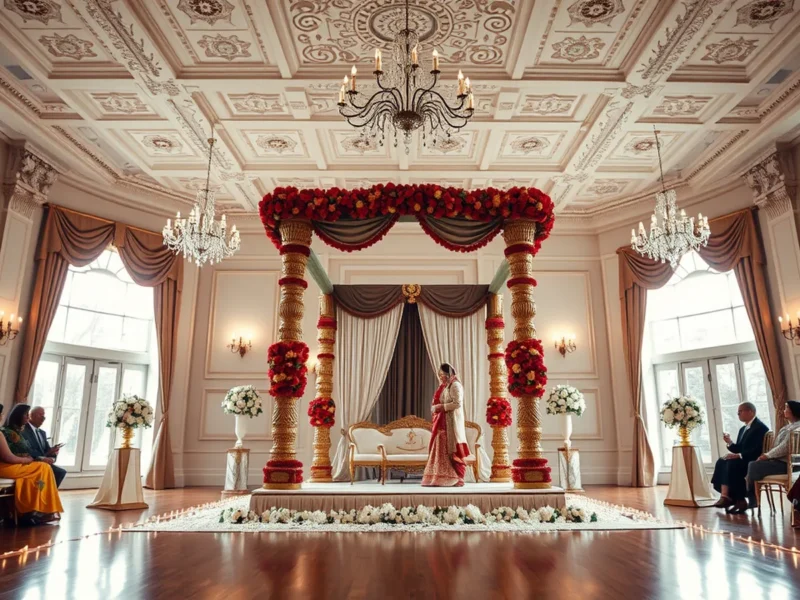 Indian wedding planner in London - Hindu mandap setup inside a Georgian country house ballroom with chandeliers and string lights
