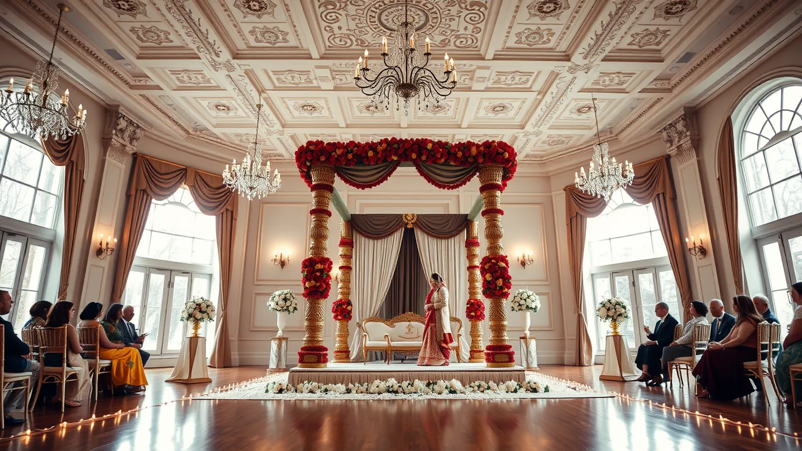 Indian wedding planner in London - Hindu mandap setup inside a Georgian country house ballroom with chandeliers and string lights
