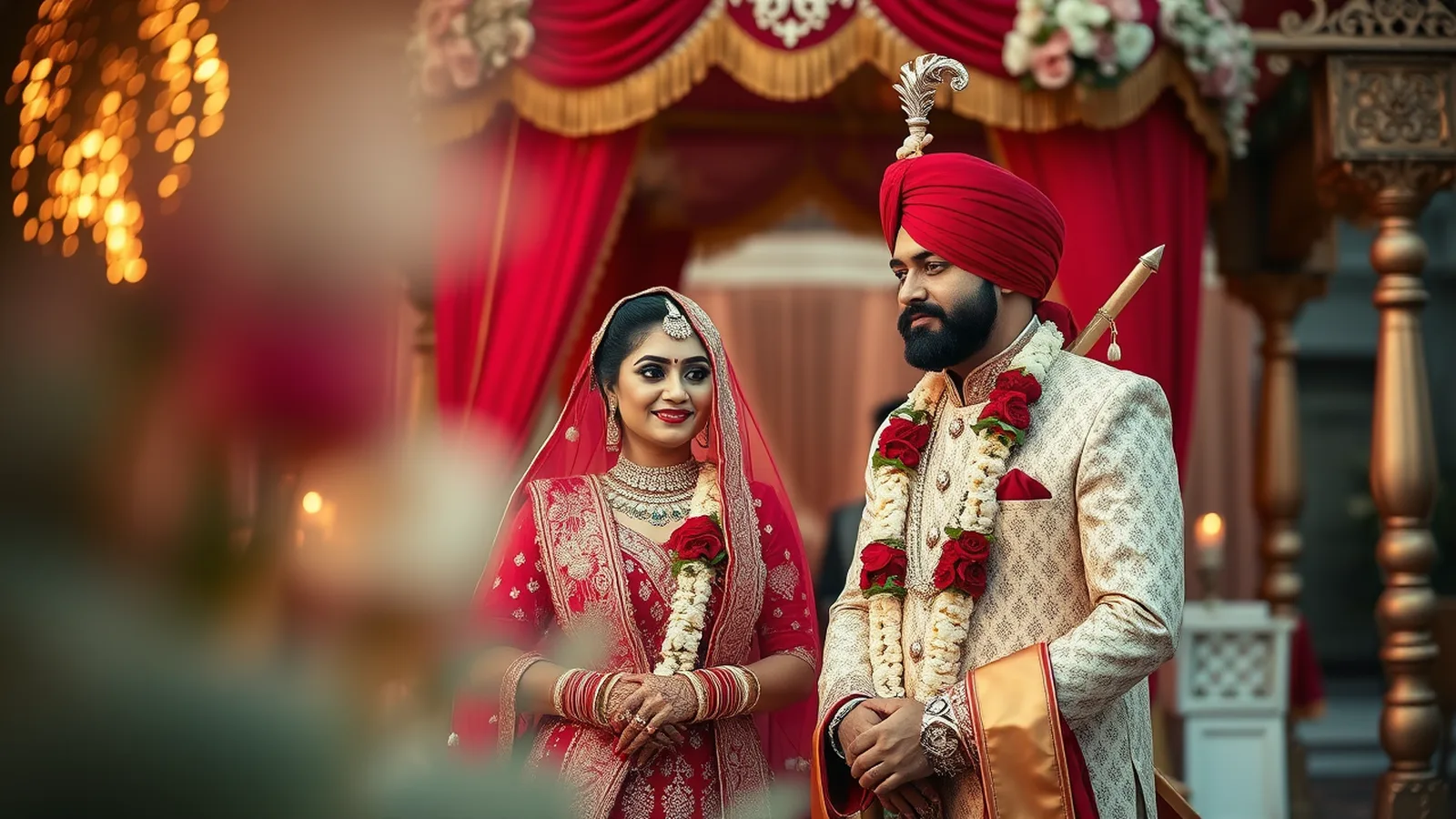 Premium wedding planner in Ludhiana - Sikh Anand Karaj mandap with palki at a Punjab palace farmhouse at golden hour