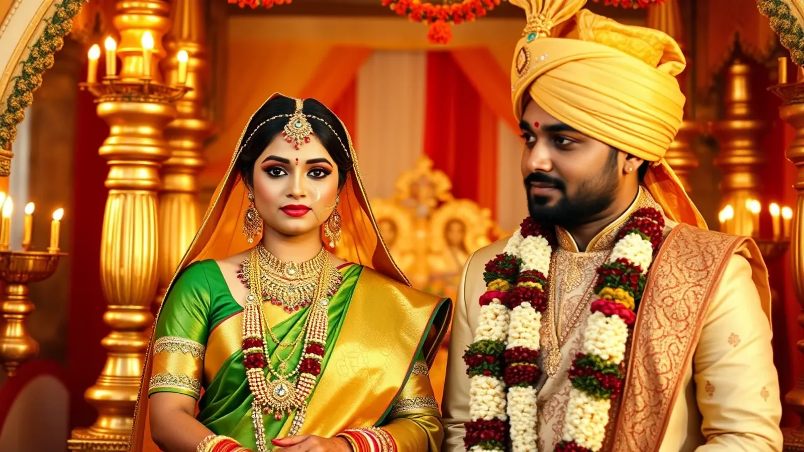 Maharashtrian wedding with bride in green Paithani saree and groom in Pheta turban