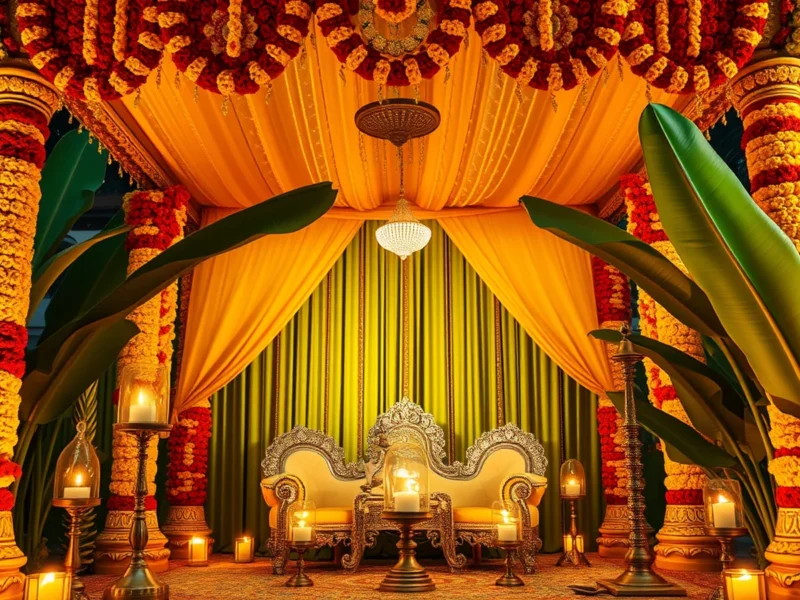 Maharashtrian wedding setup with marigold torans and brass lamps