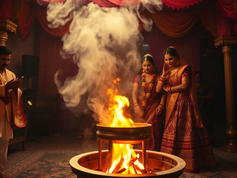 Hindu wedding Mangal Phera ritual with bride and groom circling the sacred fire