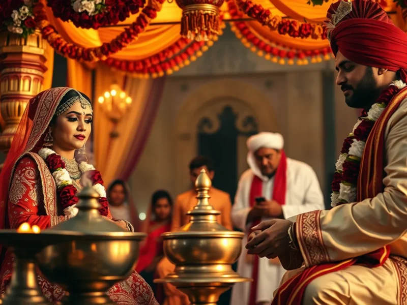 Marwari wedding traditions - Marwari bride and groom under a marigold and rose mandap during Pheras with the sacred fire and priest visible