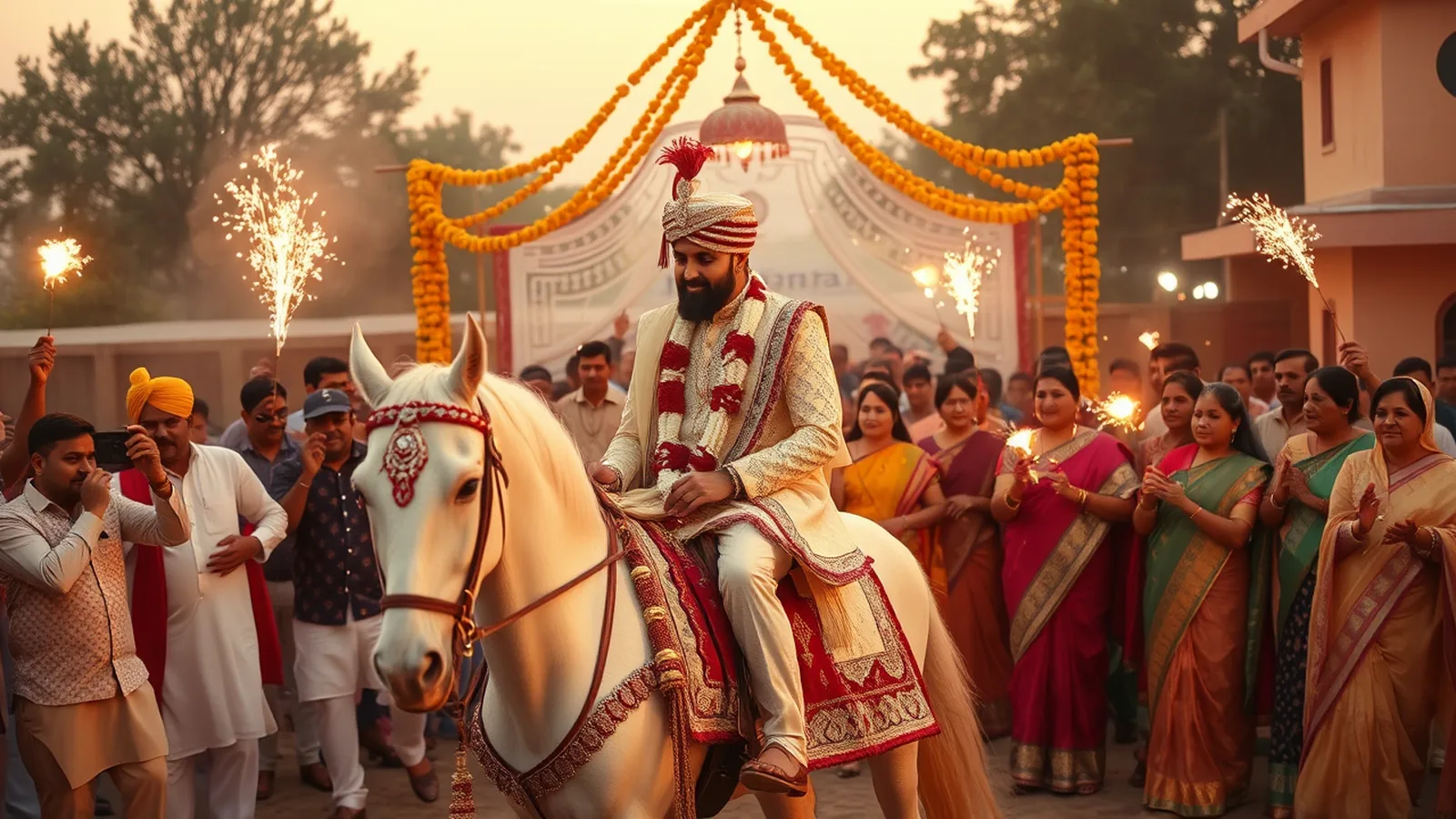 Premium wedding planner in Meerut - baraat with band at a Western UP banquet farmhouse at golden hour