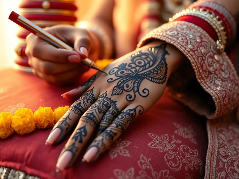 Mehndi artist cost in India - intricate bridal henna mehndi being applied to an Indian bride's hands in fine detail with warm tones
