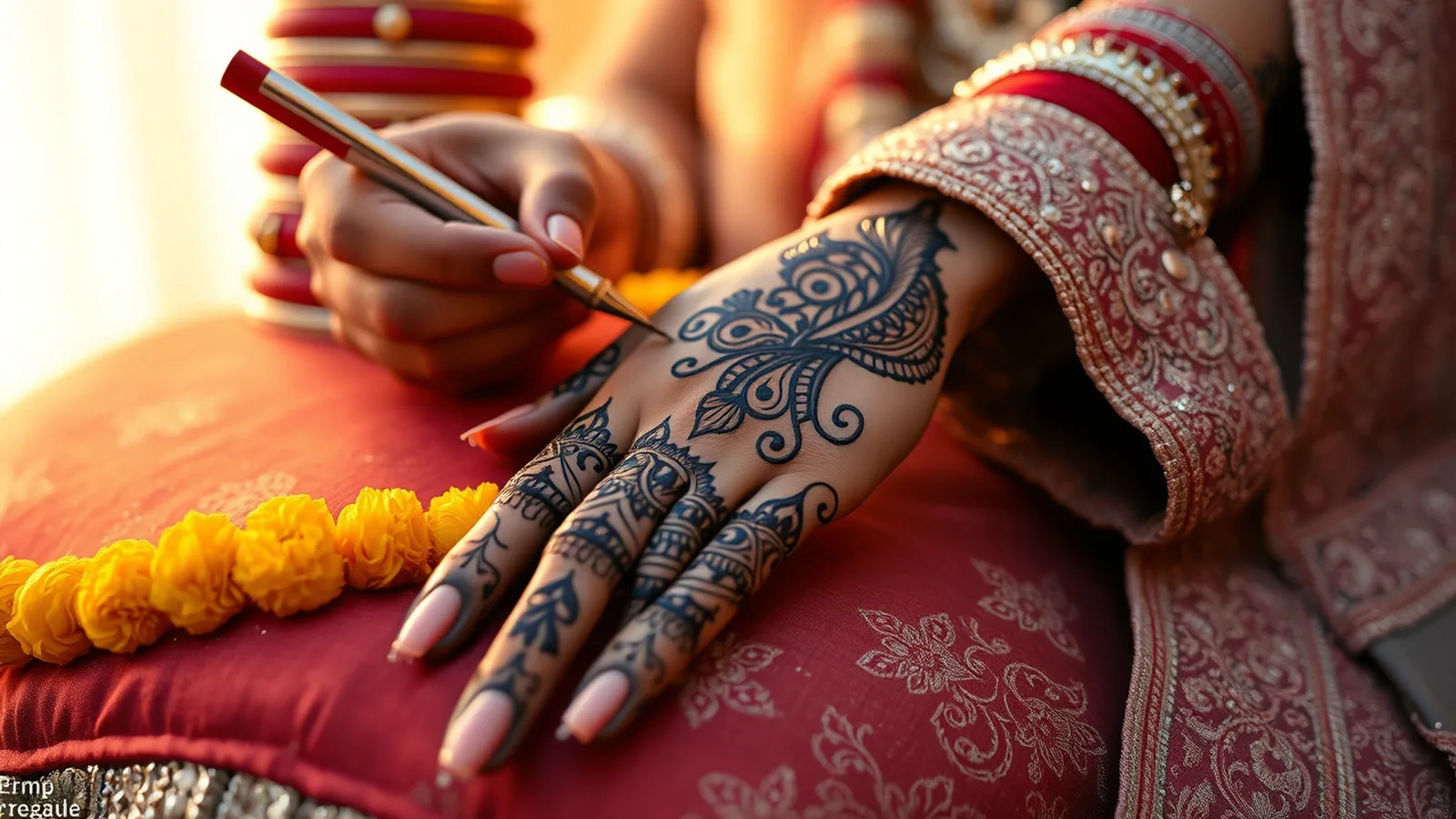 Mehndi artist cost in India - intricate bridal henna mehndi being applied to an Indian bride's hands in fine detail with warm tones