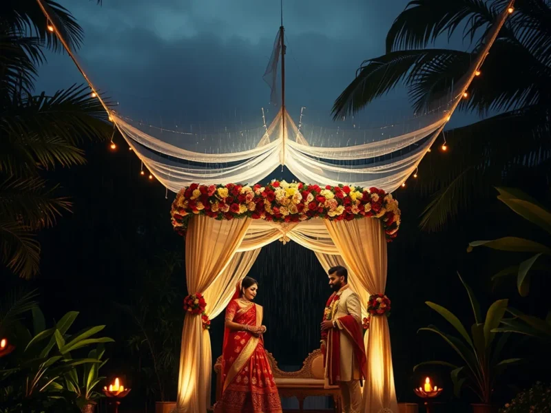 Monsoon wedding planning India - Indian wedding mandap under a transparent waterproof canopy with monsoon rain on the perimeter and warm string lights