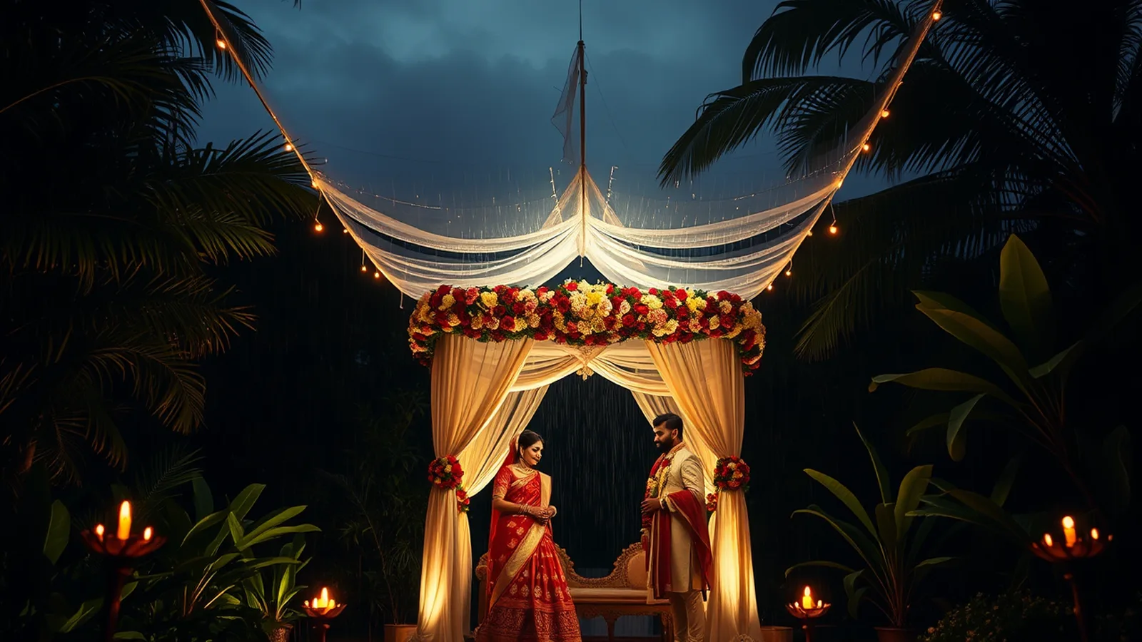 Monsoon wedding planning India - Indian wedding mandap under a transparent waterproof canopy with monsoon rain on the perimeter and warm string lights