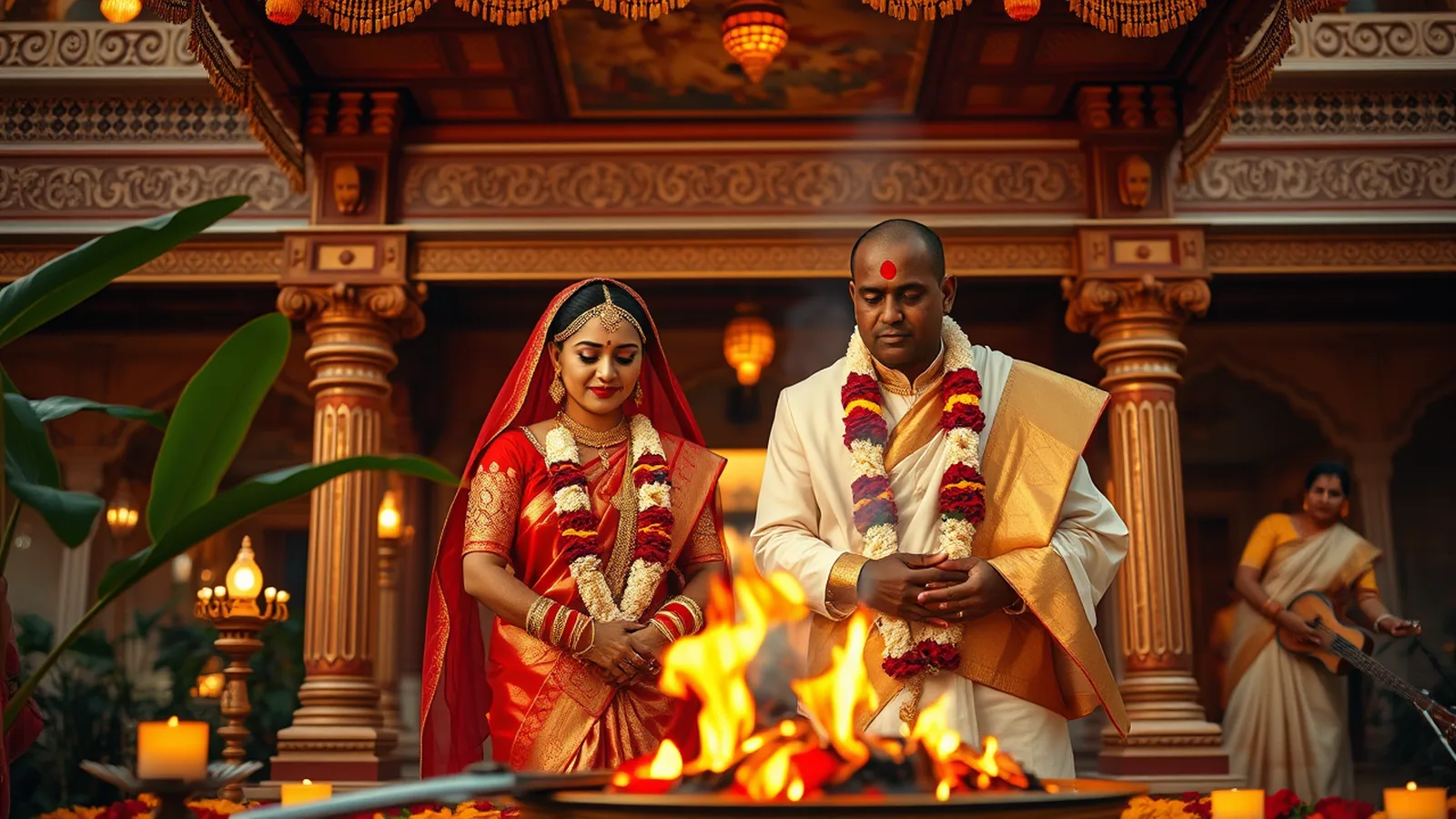 Premium wedding planner in Mysore - South Indian Iyer-Madhwa palace-circuit wedding mandap at a heritage Wadiyar palace at golden hour