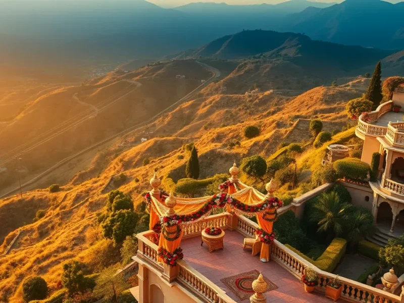 Neemrana Fort Palace terraced hillside wedding mandap at golden hour