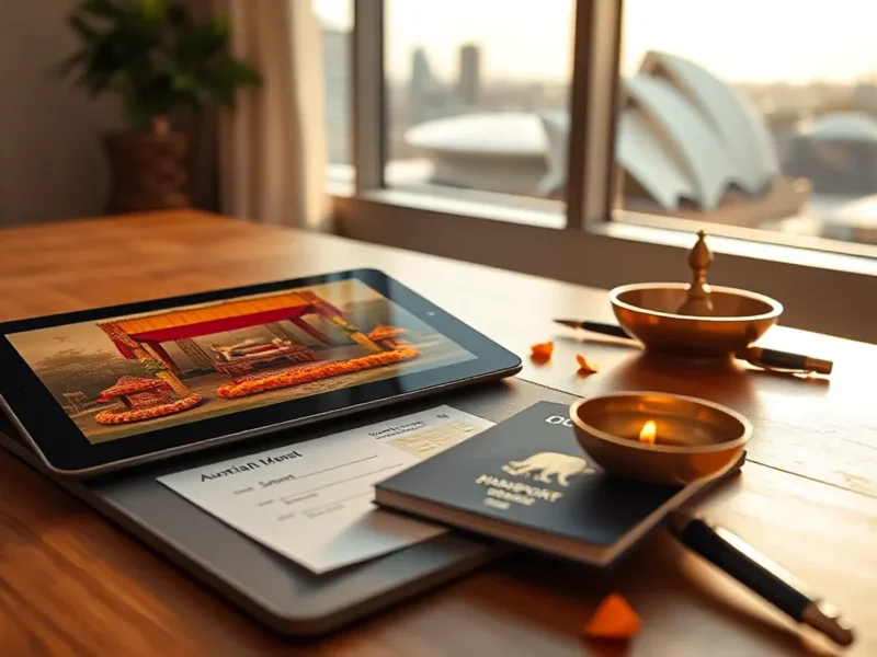 NRI Indian wedding planning from Australia, editorial desk scene with Australian passport, mood board on tablet and Sydney Opera House skyline