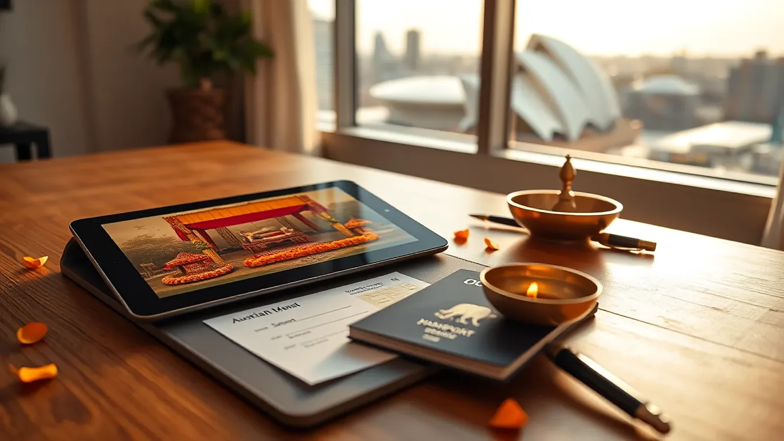 NRI Indian wedding planning from Australia, editorial desk scene with Australian passport, mood board on tablet and Sydney Opera House skyline