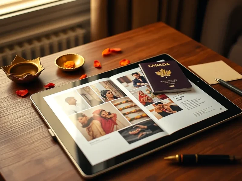 NRI Indian wedding planning from Canada, editorial desk scene with Canadian passport, OCI card, mood board on tablet and brass diya