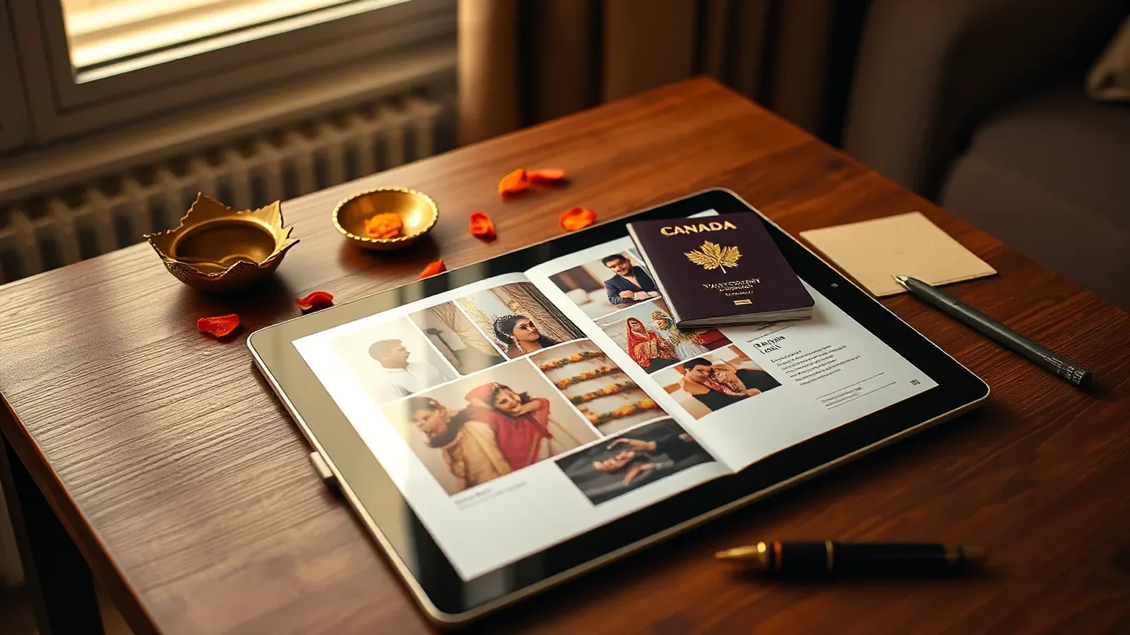 NRI Indian wedding planning from Canada, editorial desk scene with Canadian passport, OCI card, mood board on tablet and brass diya