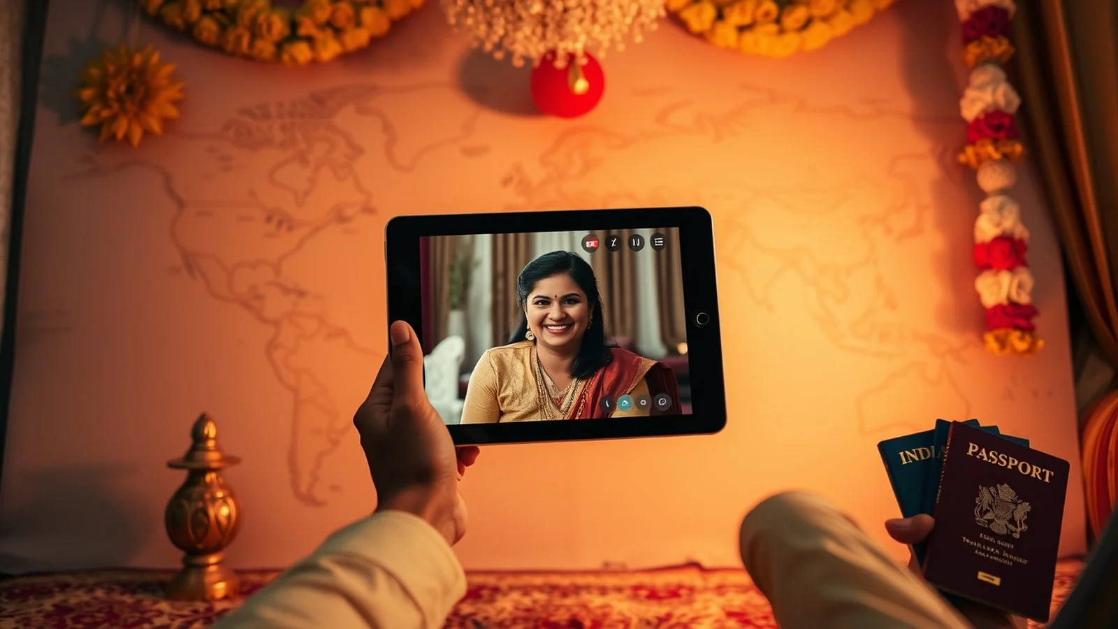 NRI Indian wedding planning guide with world map, OCI documents and Indian decor