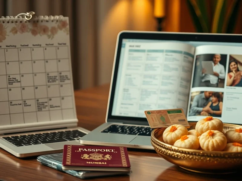 NRI wedding planning timeline with calendar, passport, and venue mood board