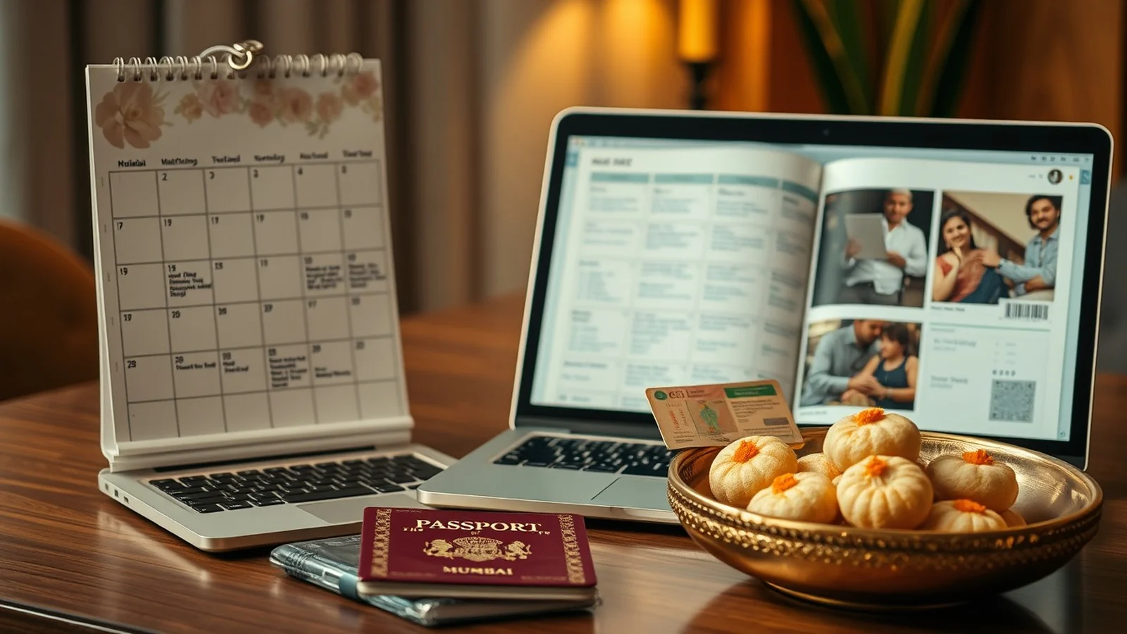 NRI wedding planning timeline with calendar, passport, and venue mood board