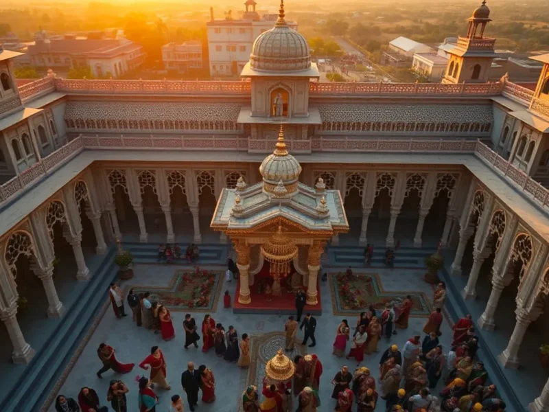 Majestic Indian heritage palace wedding with Rajput architecture and marigold mandap at golden hour