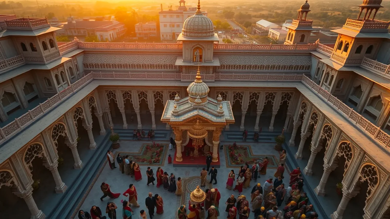 Majestic Indian heritage palace wedding with Rajput architecture and marigold mandap at golden hour