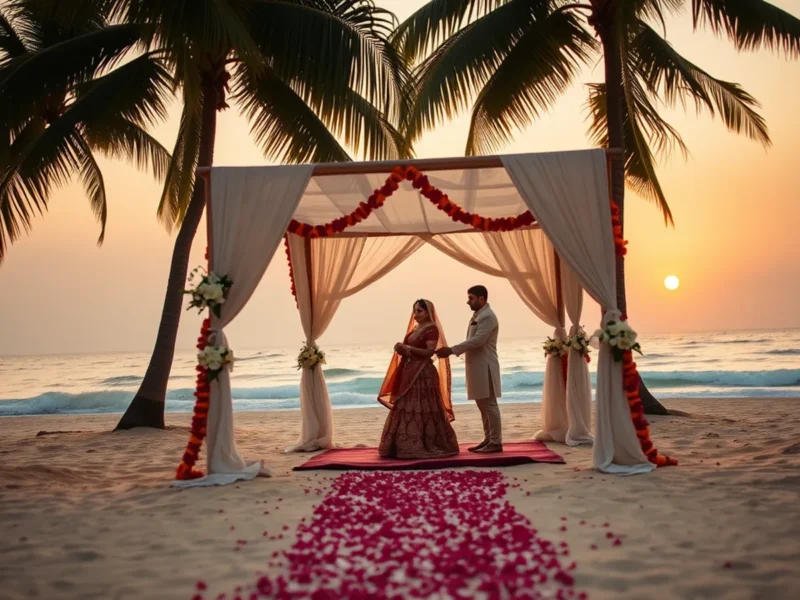 Park Hyatt Goa wedding cost - Indian beach destination wedding at Arossim Beach with palm-framed mandap, marigold and white lily decor at golden hour