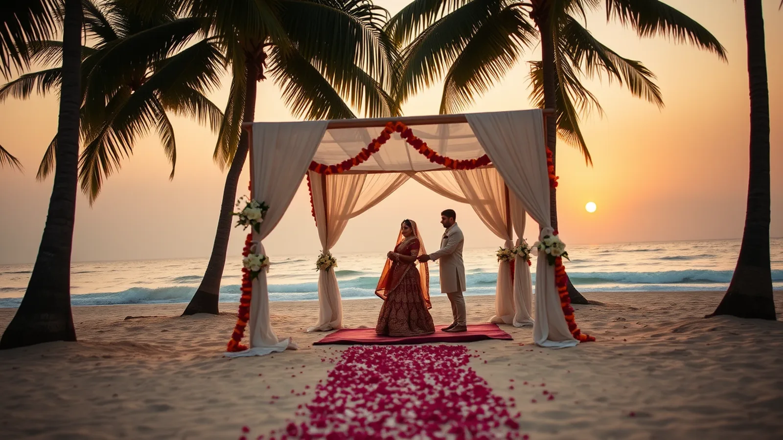 Park Hyatt Goa wedding cost - Indian beach destination wedding at Arossim Beach with palm-framed mandap, marigold and white lily decor at golden hour