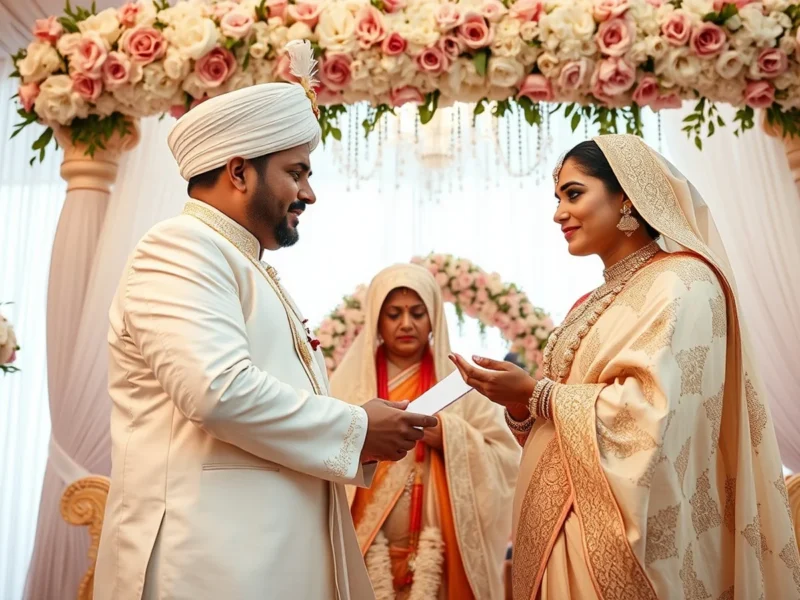 Elegant Parsi Zoroastrian wedding scene with traditional white attire and Mobed priest