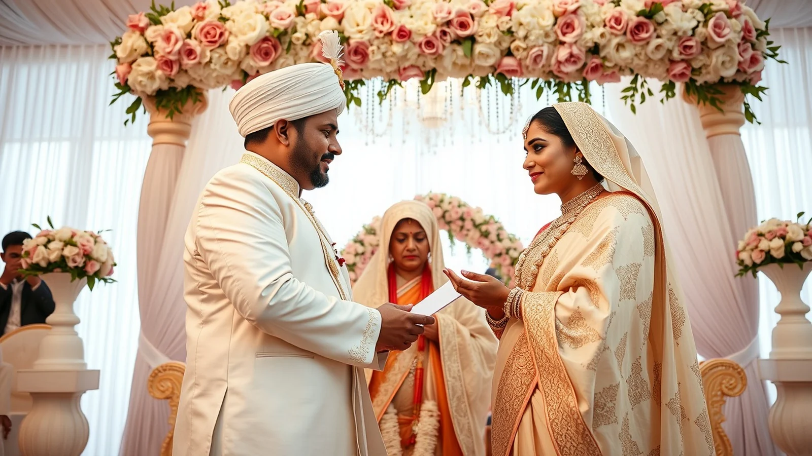 Elegant Parsi Zoroastrian wedding scene with traditional white attire and Mobed priest