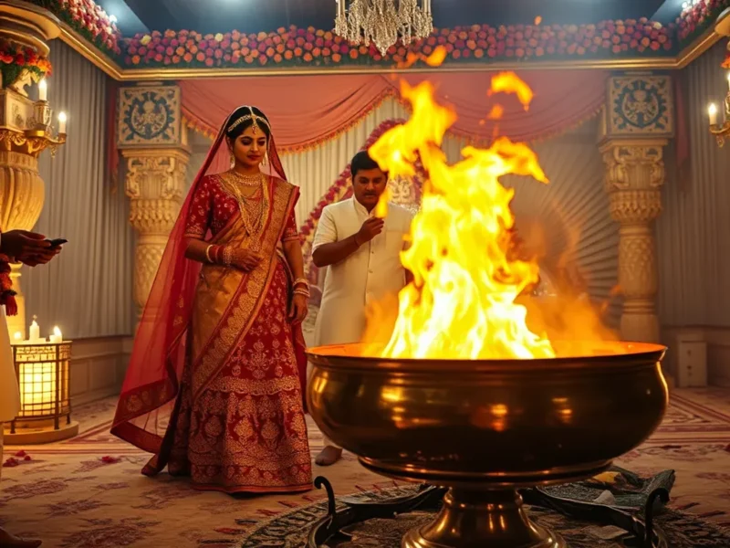 Hindu wedding sacred fire ceremony with bride and groom circling the havan kund