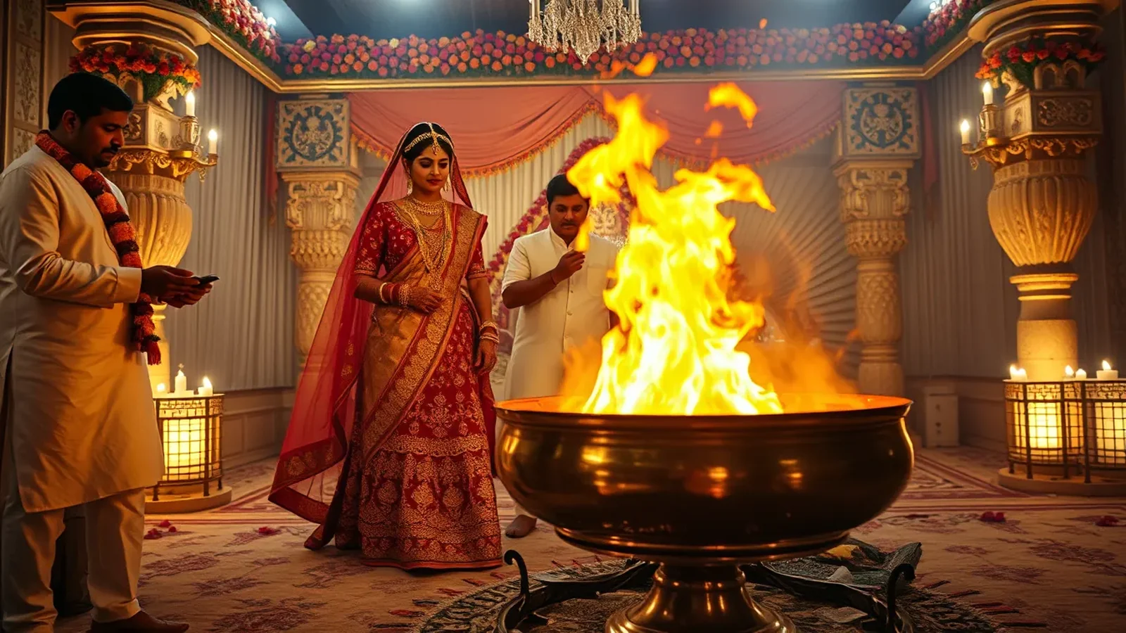 Hindu wedding sacred fire ceremony with bride and groom circling the havan kund