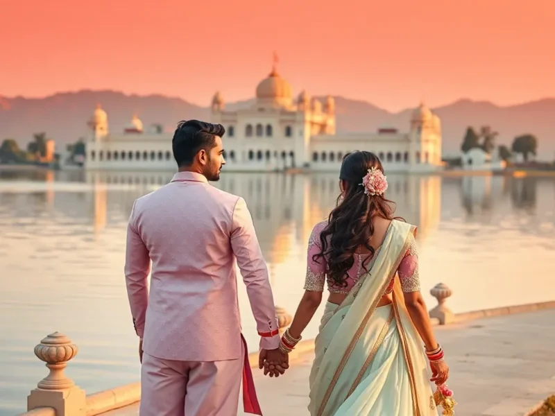 Indian pre-wedding photoshoot at Udaipur lake palace at golden hour