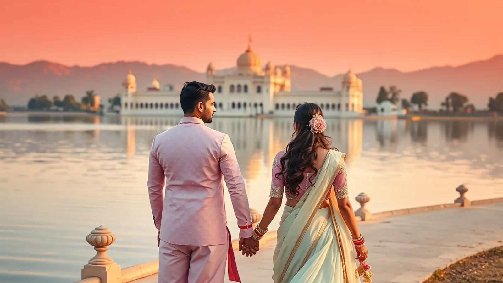 Indian pre-wedding photoshoot at Udaipur lake palace at golden hour