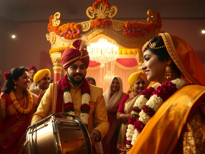 Punjabi wedding mandap with marigold and phulkari decor at golden hour