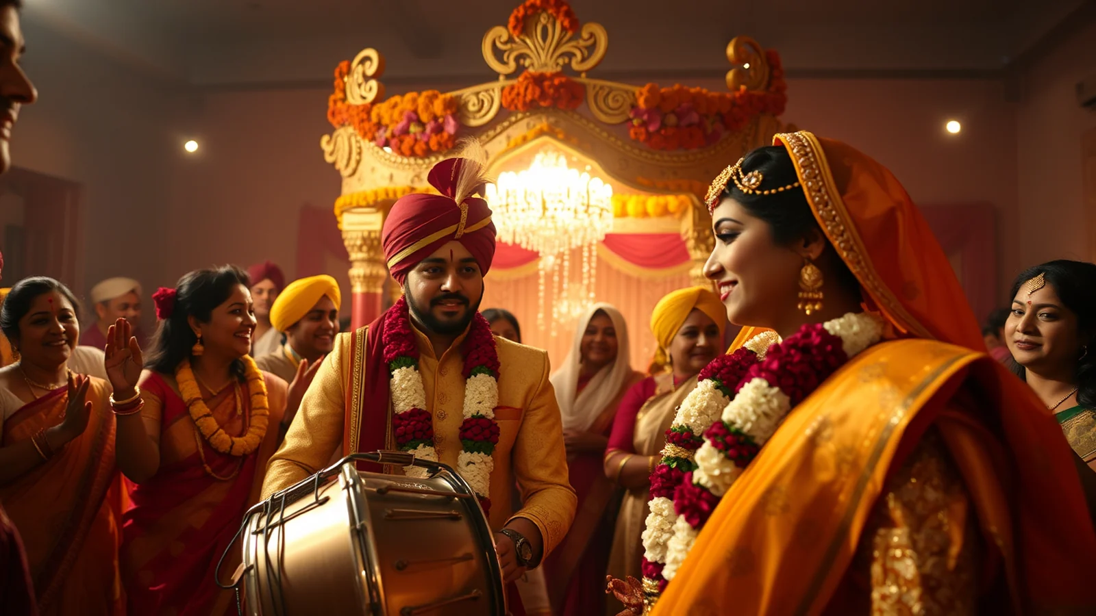 Punjabi wedding mandap with marigold and phulkari decor at golden hour