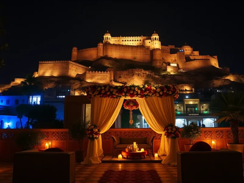 RAAS Jodhpur boutique haveli courtyard wedding below the floodlit Mehrangarh Fort