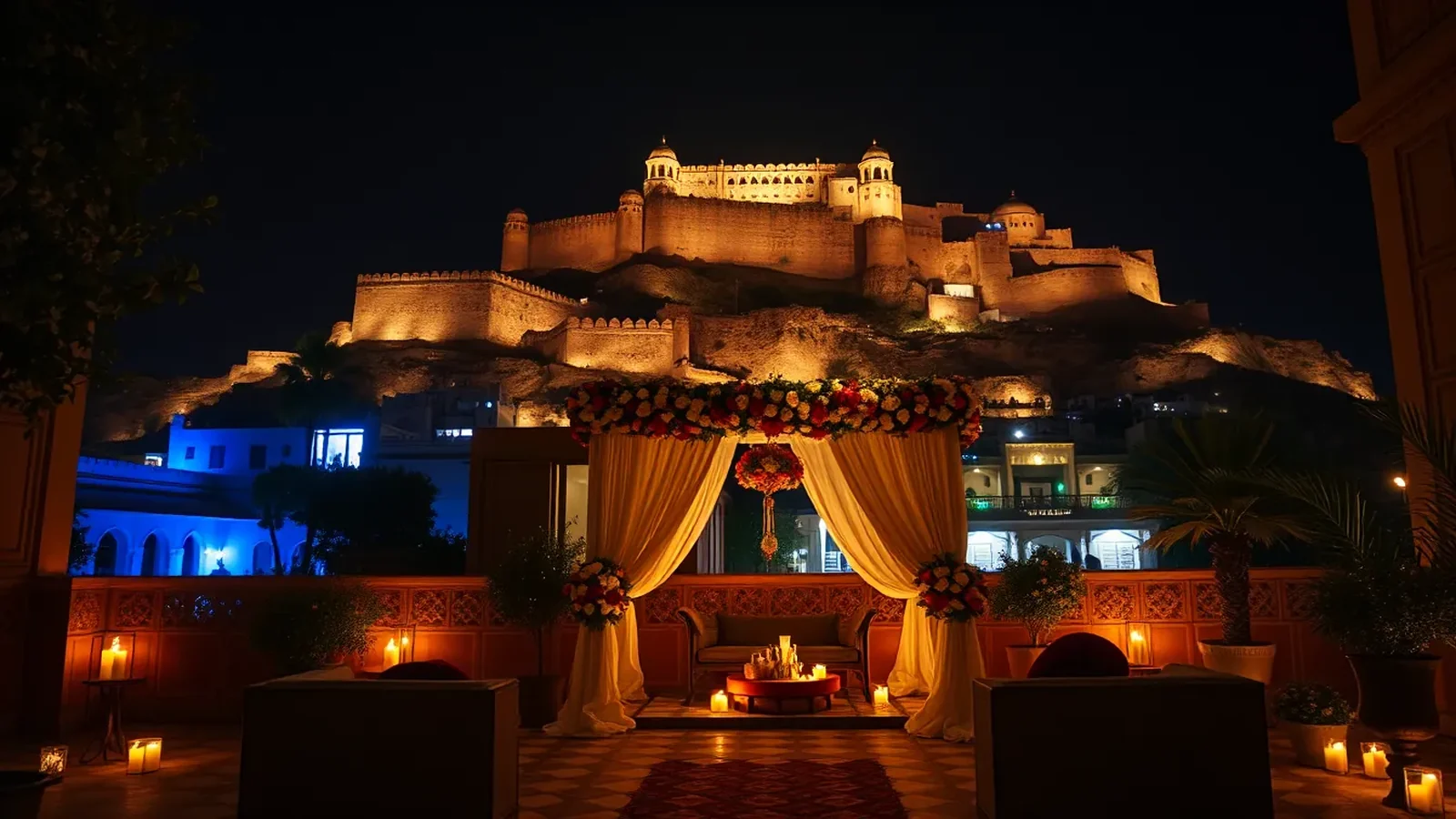 RAAS Jodhpur boutique haveli courtyard wedding below the floodlit Mehrangarh Fort