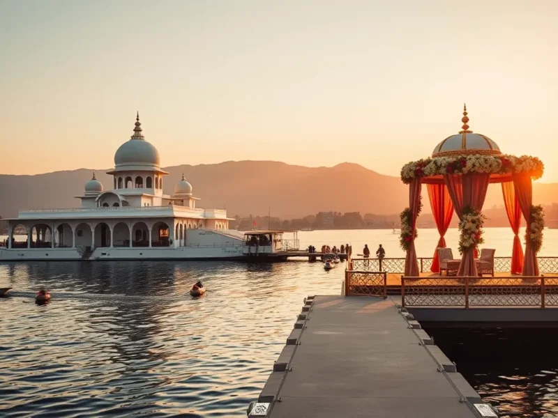 Raffles Udaipur private-island palace wedding mandap on Lake Pichola at golden hour
