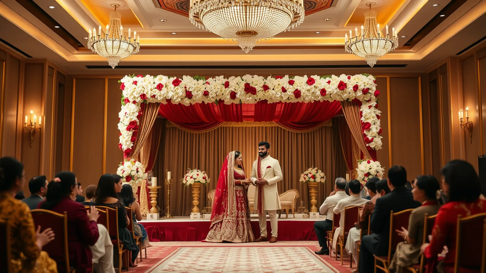 Premium wedding planner in Raipur - floral mandap at a Chhattisgarh five-star ballroom reception at golden hour