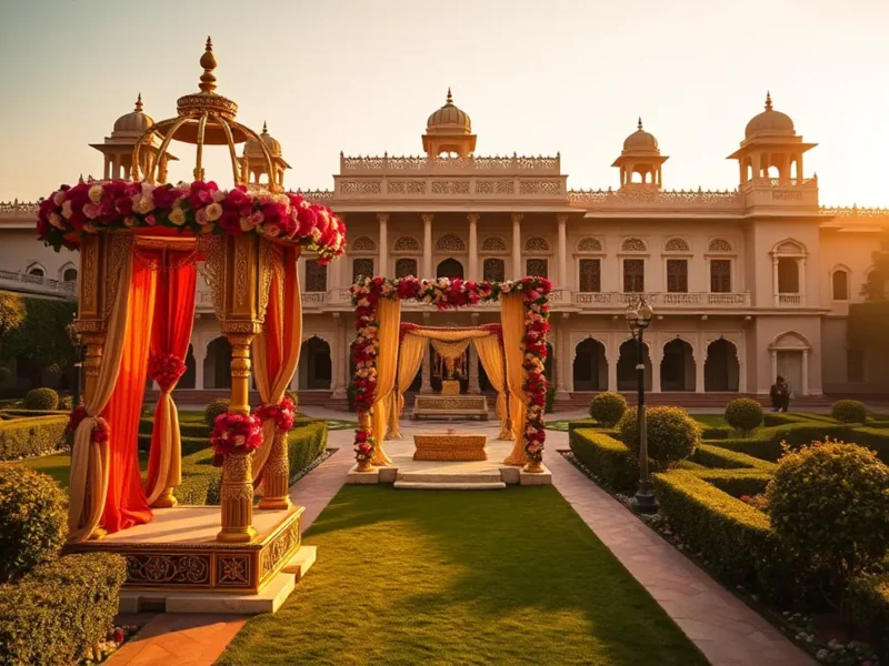 Rambagh Palace Jaipur Mughal garden wedding scene with royal Rajput facade