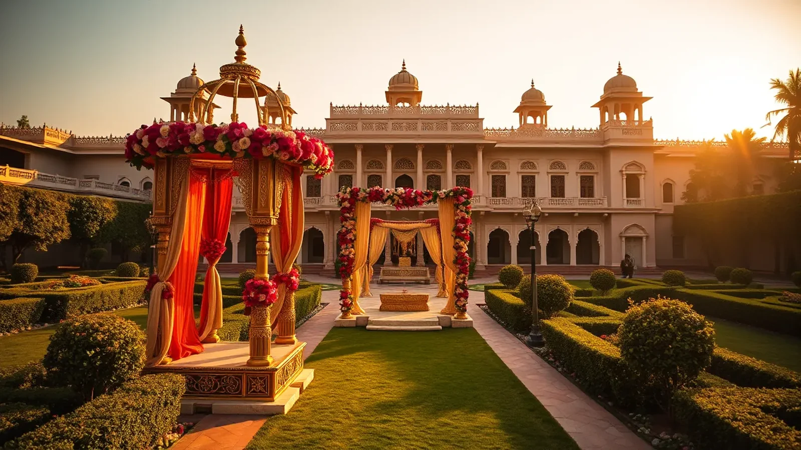 Rambagh Palace Jaipur Mughal garden wedding scene with royal Rajput facade