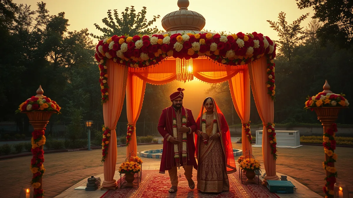 Premium wedding planner in Ranchi - Jharkhand outdoor mandap at golden hour with marigold and rose decor