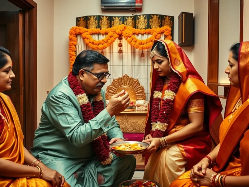 Intimate Indian Roka ceremony with bride's father applying tilak on the groom