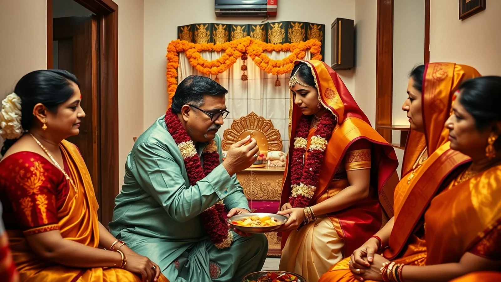 Intimate Indian Roka ceremony with bride's father applying tilak on the groom