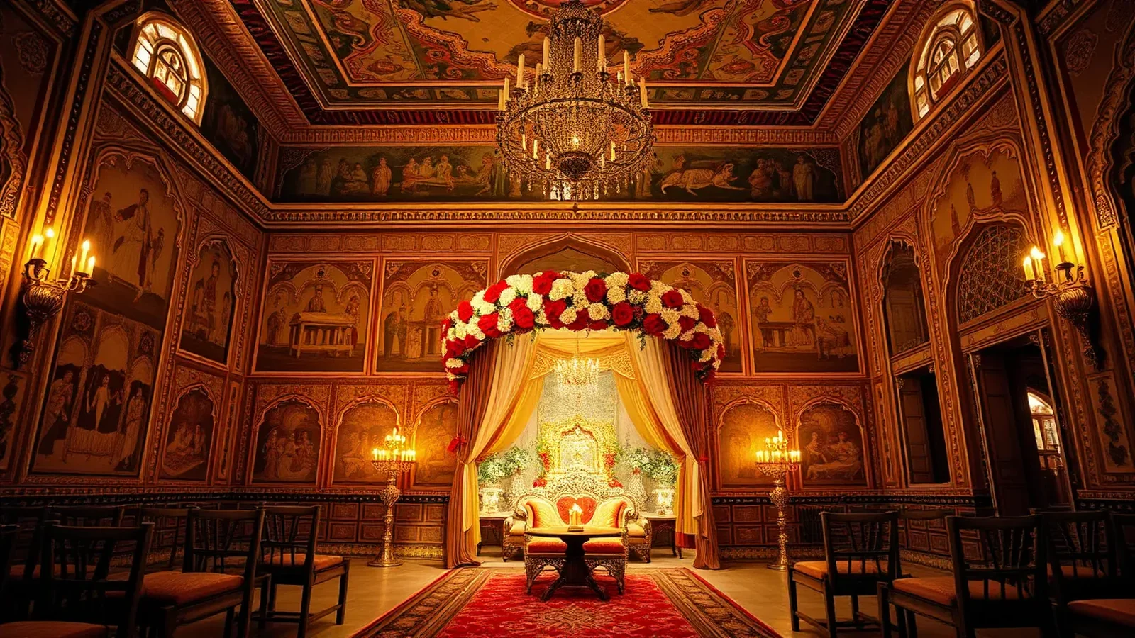 Samode Palace Jaipur hand-painted Durbar Hall and Sheesh Mahal wedding setting