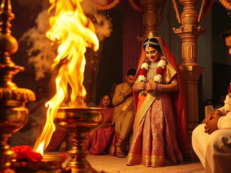 Indian Hindu Saptapadi ritual with bride and groom near a glowing brass havan kund