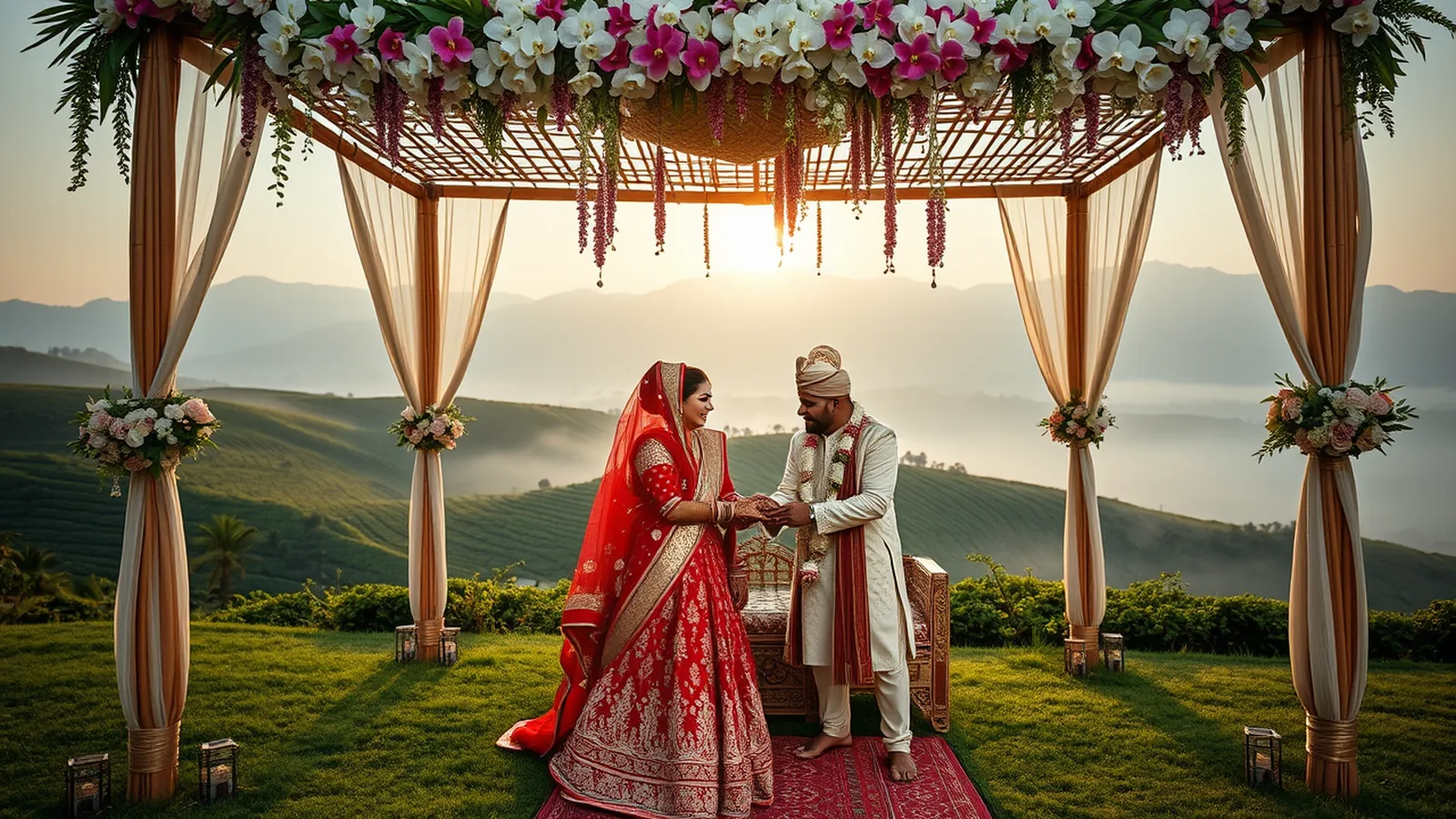 Premium wedding planner in Siliguri - North Bengal mandap with Kanchenjunga and Himalayan foothills backdrop at golden hour