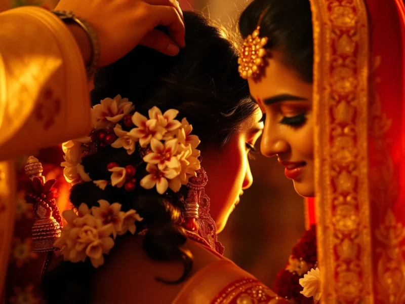 Sindoor Daan ritual moment with groom applying vermillion in the bride's hair parting